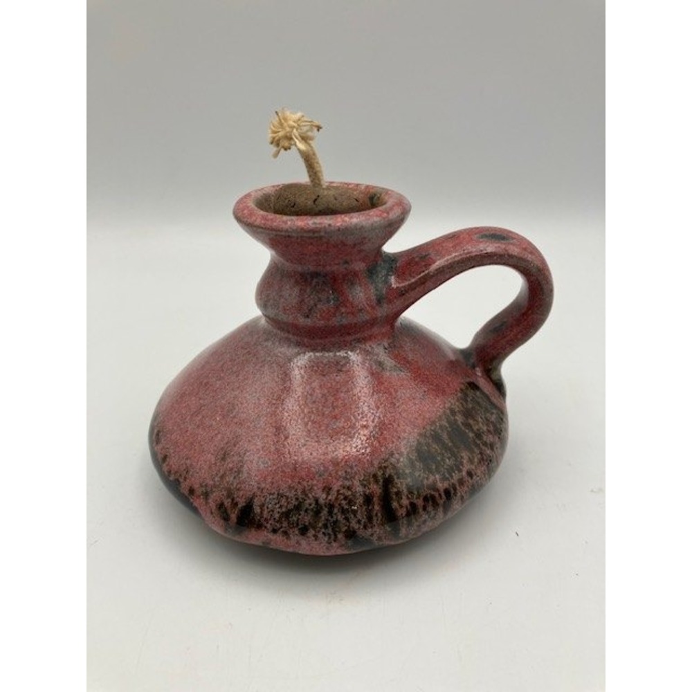 Vintage Handcrafted Ceramic Oil Lamp/Handle/Wick, Dark Pink  Glazed Pottery 3.5H